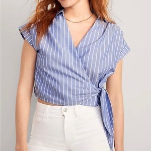 🆕 Wrap-Front Cropped Oxford Sarong Top for Women 💙 Sz XL